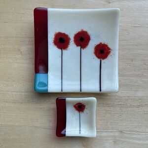 VTG Fused Art Matching Square Plates 3-6.5 Inch Glass Poppies Poppy Flowers Rare